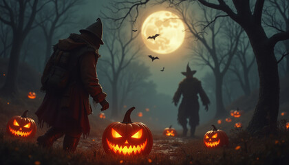 Zombies walking in the forest at night, with glowing pumpkins and full moon