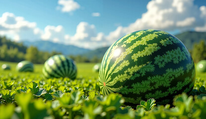 A close-up of a large watermelon in a sunlit field of ripe watermelons. The background shows more watermelons, distant mountains, and a blue sky with fluffy white clouds. AI-Generated