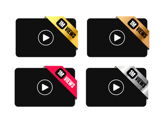 Video Thumbnail 1M Views Badge on Black Screen with Play Button. For infographic, icon, video screen, frame, sign, banner. Gold, silver, bronze, red ribbon corner banner. Vector Illustration