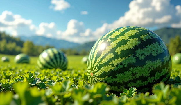 A close-up of a large watermelon in a sunlit field of ripe watermelons. The background shows more watermelons, distant mountains, and a blue sky with fluffy white clouds. AI-Generated