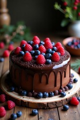 Decadent Chocolate Drip Cake with Fresh Berries – Gourmet Dessert on Rustic Wooden Table