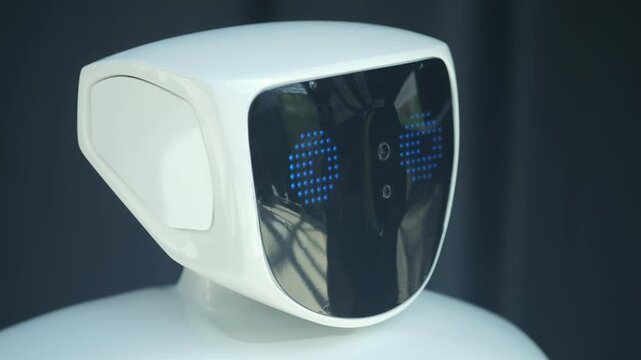 Robot Exhibition. Robot Assistant. Concept of interaction between robot and human. 4K