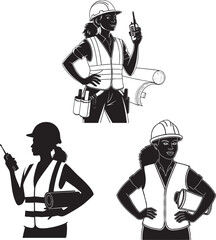 Silhouette of female engineers in hard hats holding blueprints and walkie talkies representing construction site workers technology leadership and safety roles