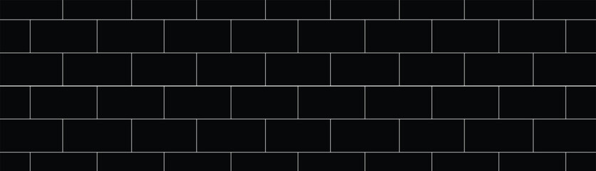 Minimalist overhead view of black rectangular tiles with white grout lines in a seamless horizontal pattern. Monochrome, geometric, and architectural style with flat, even lighting.