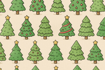 Whimsical Hand-Drawn Christmas Trees Seamless Pattern with Festive Elements