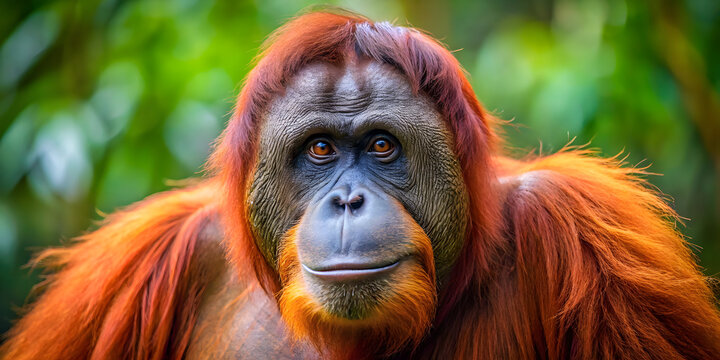 Sumatran orangutan hanging in jungle trees