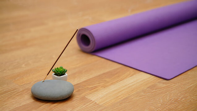 Yoga mat and incense on wooden floor - Powered by Adobe