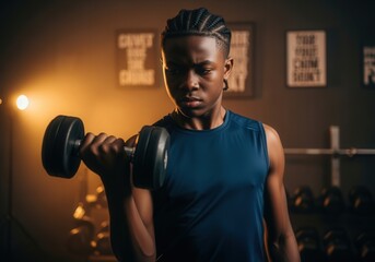Teenager lifting dumbbell in gym for strength training and fitness focus