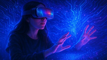 Virtual reality headset interacting with glowing blue digital circuit board