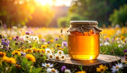 Honey jar in a vibrant flower meadow at sunset