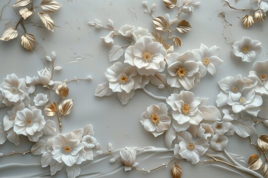 Elegant floral bas relief art with delicate white and gold flowers