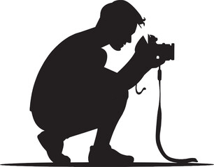 Silhouette of photographer squatting with camera capturing a moment symbolizing creativity focus art and passion for photography