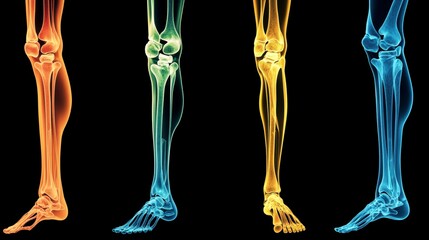 Four colorful anatomical models of human legs showing bones, joints, and muscles against a black background.