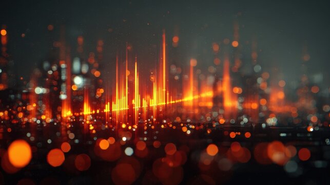 A glowing abstract cityscape with vertical light beams and bokeh effects creates a futuristic and vibrant digital atmosphere.