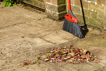 Garden scene with brush, sweepings, leaves and wall