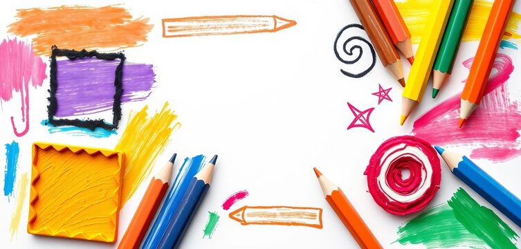 Vibrant hand-drawn crayon, pencil, and pastel strokes; square, spiral, and arrow elements, spiral, hand drawn sketch - Powered by Adobe