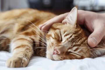 Close up of a ginger tabby cat sleeping serenely on a white blanket while a person gently strokes its head