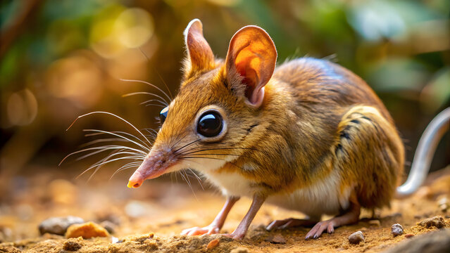 Elephant shrew sniffing forest floor for insects