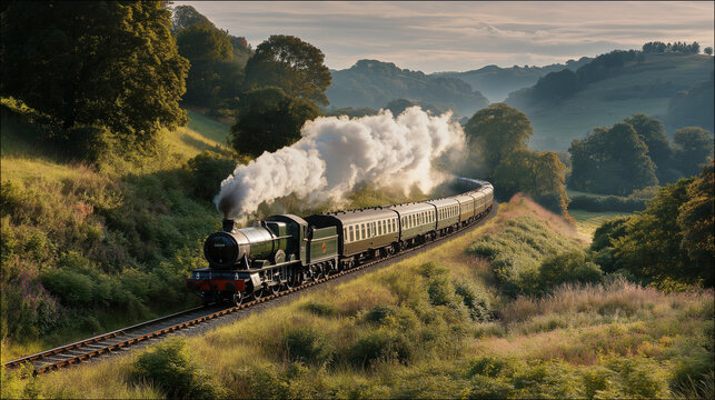 Majestic Steam Train Through Verdant Valley - Powered by Adobe