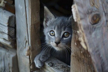 Adorable gray kitten with captivating eyes peeking out from a hole in a weathered wooden structure