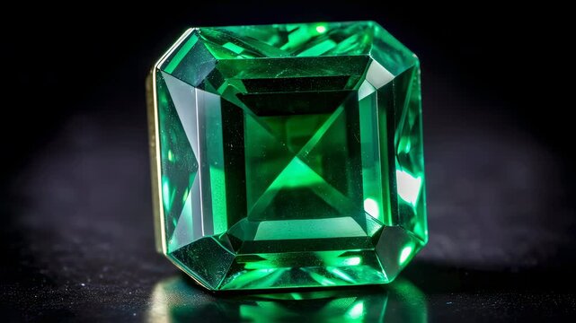 An emerald gemstone on a dark surface, a crystal with a perfect cut