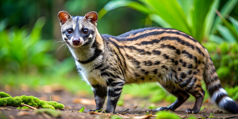 Indian civet walking across jungle floor