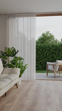 Empty white room with wood-framed glass doors open to garden. Modern house interior 3d rendering.