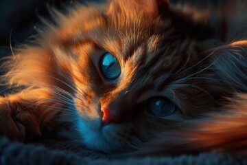 Close up of a ginger cat with striking blue eyes lying down, illuminated by warm light