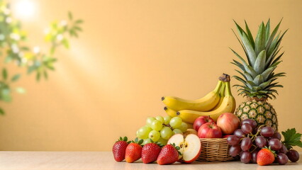 Fresh, ripe fruits like apples, grapes, pineapple, bananas, and strawberries are beautifully arranged in a basket on a wooden table, highlighting healthy eating.