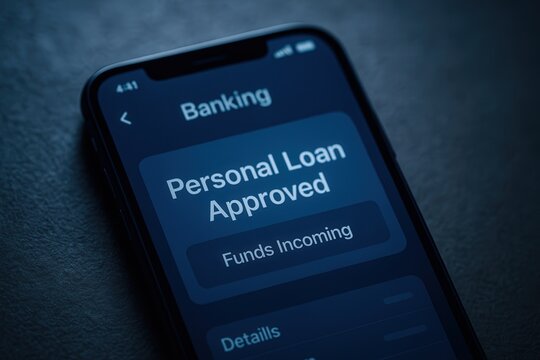 Personal loan approval notification on smartphone banking app display