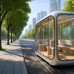Obraz premium Transparent autonomous public transport shuttle on city street with green trees