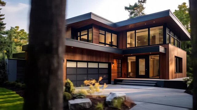 Dynamic Architectural Showcase of a Contemporary Wood and Glass Forest Home at Sunset