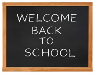 Obraz premium Welcome Back To School Message Written In White Chalk On A Black Chalkboard With A Brown Wooden Frame
