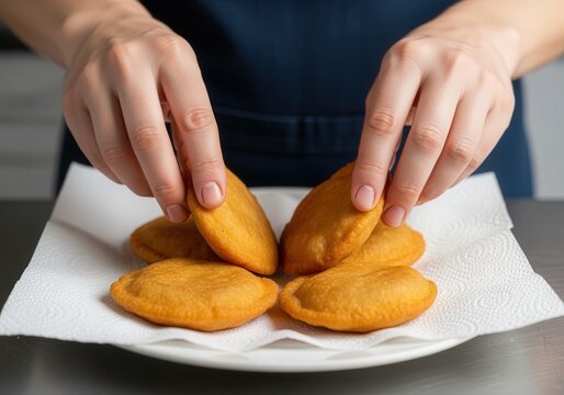 Hands placing freshly fried tajadas on paper for snack preparation
