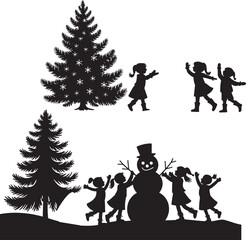 Children playing in snow around snowman and christmas tree silhouette representing winter fun family joy and holiday spirit perfect for seasonal greeting or festive design