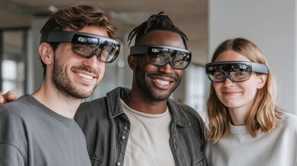 Team of diverse people wearing AR glasses in modern office, demonstrating tech collaboration, innovation, and immersive virtual reality experience for workplace teamwork, digital future