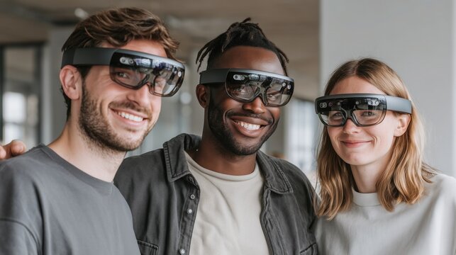 Team of diverse people wearing AR glasses in modern office, demonstrating tech collaboration, innovation, and immersive virtual reality experience for workplace teamwork, digital future