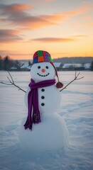 Fototapeta premium Joyful snowman with colorful hat and purple scarf in winter sunset landscape