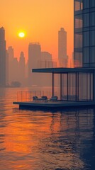 Fototapeta premium Floating residence at sunset. Urban cityscape reflected in still water