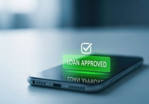 Mobile banking approval concept with glowing loan approved notification on smartphone screen