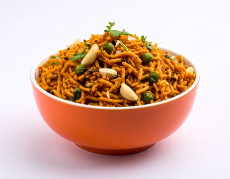 Indian Namkeen Snacks served in ceramic bowl Indian traditional Namkeen Food Mixture,Navratna Mix Namkeen Also Know as Nimco, Namkin, Mixture ,chiwda , Nimko