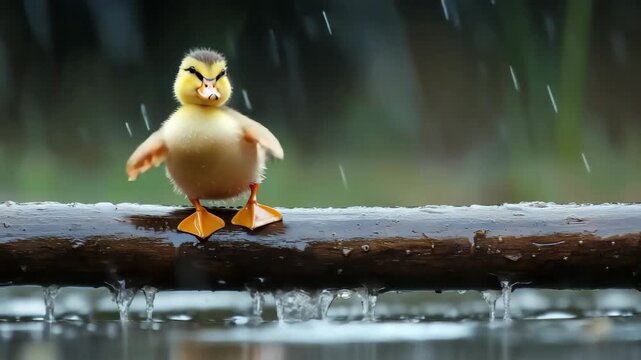 Grumpy baby duck cartoon on tree branch
