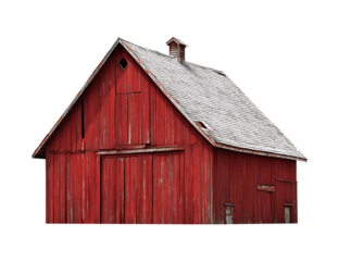 A red barn with weathered wood and a gray roof isolated on a transparent background