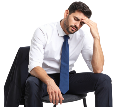 Stressed Businessman Sitting on a Chair with Hand on Forehead in Office Attire (Cut-out PNG)