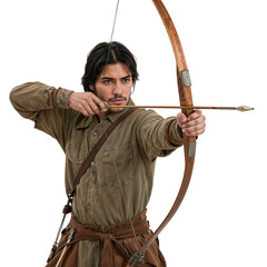 Archer aiming wooden bow with arrow isolated on a transparent background target