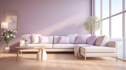 Serene interior with an ivory corner sofa, soft lavender wall color, wood-plank floor, and frosted glass windows filtering daylight .
