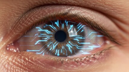 Futuristic human eye with glowing digital circuit pattern, cybernetic vision concept, advanced biometric technology and artificial intelligence.
 - Powered by Adobe