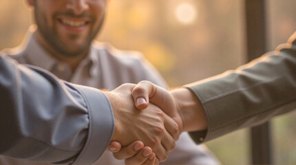 Two business professionals shaking hands in a warm, inviting setting with a blurred, smiling man in the background. Symbolizes successful partnership, agreement, and trust.