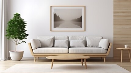 Scandinavian-style room with a light gray fabric sofa, white walls, blonde wood flooring, woven texture rug, and abstract framed art .
