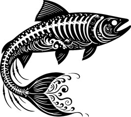 Solid Black Silhouette of Salmon Fish in Iconic Traditional Mexican Style

